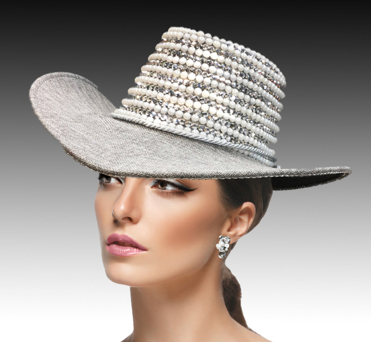Pearl and rhinestone encrusted outback hat.