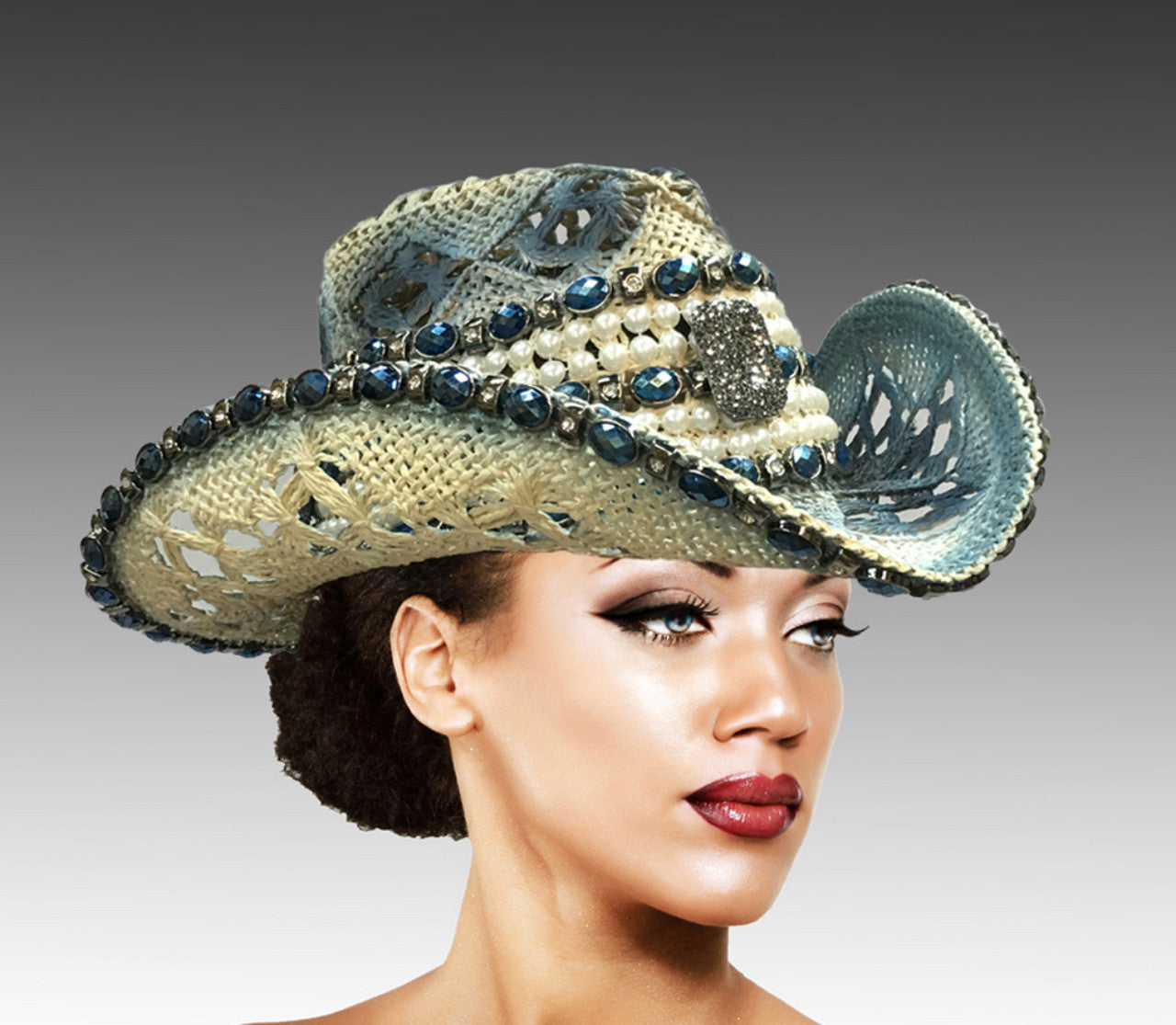 Natural indigo and ivory tones are woven into this basket weave cowboy hat.