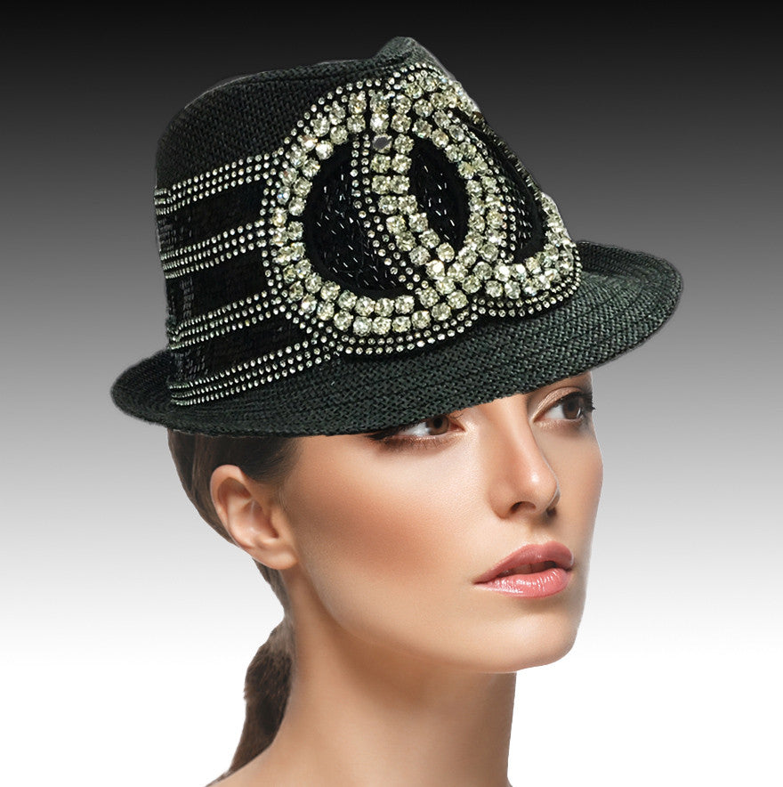 Jazzy fedora with rhinestone gemini circles.