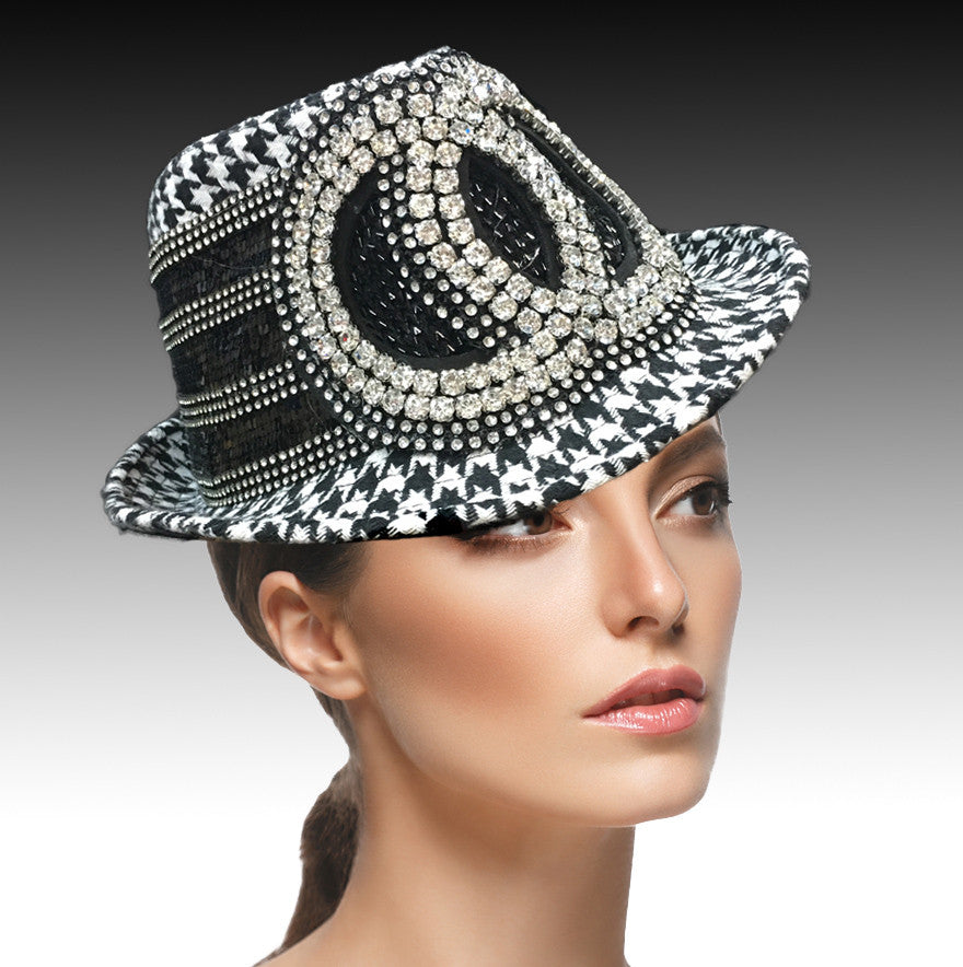 Jazzy fedora with rhinestone gemini circles.