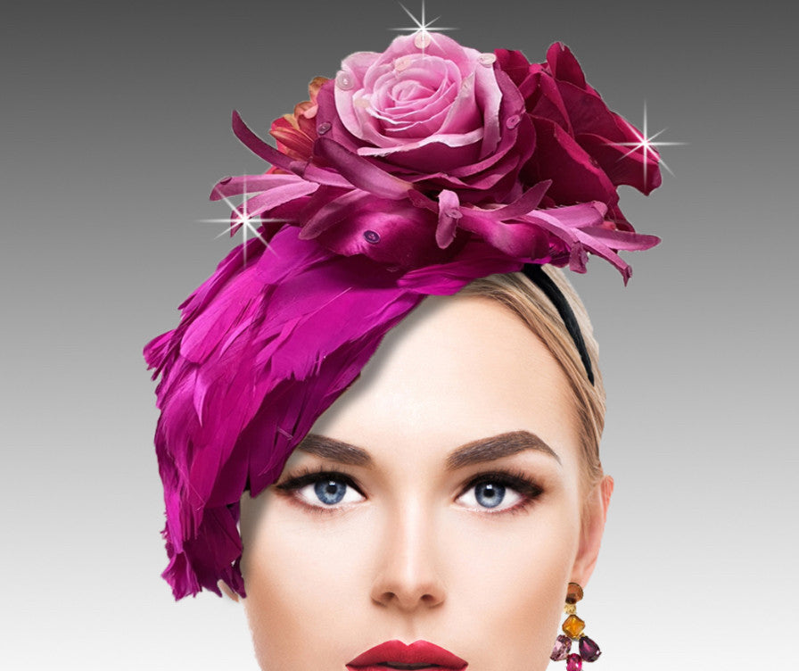 This Bellissima fascinator is available in colors black, fuchsia, lime-pink, pink and yellow.